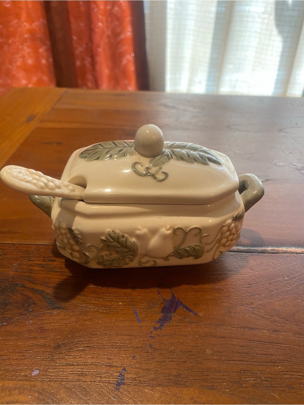 Ceramic Cream and Sage Leaf Design- Mini Soup Tureen